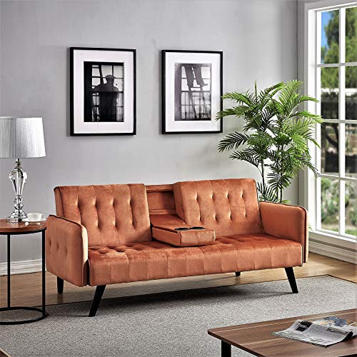 Container Furniture Direct Cricklade Mid-Century Modern Velvet Uphostered Sofabed, Amber