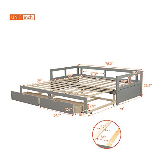 SOFTSEA Wooden Daybed with Pop Up Trundle and Two Storage Drawers, Extendable Daybed with Storages Twin Sofa Bed for Bedroom Living Room