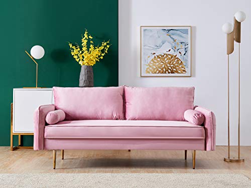 Pink Velvet Fabric Sofa Couch,JULYFOX 71 inch Wide Mid Century Modern Living Room Couch with Side Storage Fashion Golden Legs for Small Spaces