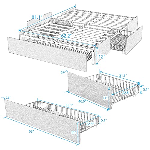 Hoomic Upholstered Queen Platform Bed Frame with 3 Storage Drawers, No Fixed Headboard Design, Mattress Foundation with Wooden Slats, No Box Spring Needed, Noise Free, Dark Grey