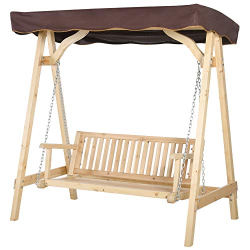 Outsunny 2-Person Outdoor Porch Swing with Wooden Stand, Strong A-Frame Design, & Adjustable Water-Fighting Canopy