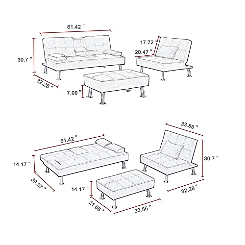 Convertible Fabric Folding Sofa Bed with 2 Cup Holders, Removable Armrest and Metal Legs, Single Sofabed with Ottoman, 3 pcs for 1 Sets (Grey)