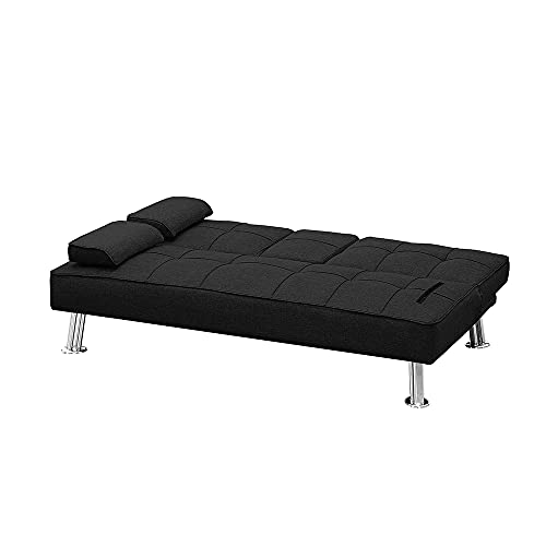 UNIROI Faux Leather 3 Piece Futon Sofa Bed Living Room Furniture Set, 2 Seater Fabric Convertible Folding Couch with Cup Holders Removable Armrest,Single Chair with Ottoman, Black C