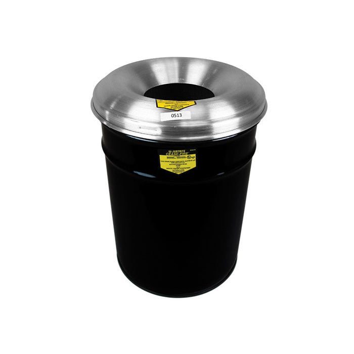 Justrite 15 Gallon, Cease-Fire® Waste Receptacle, Safety Drum Can with Aluminum Head, Black