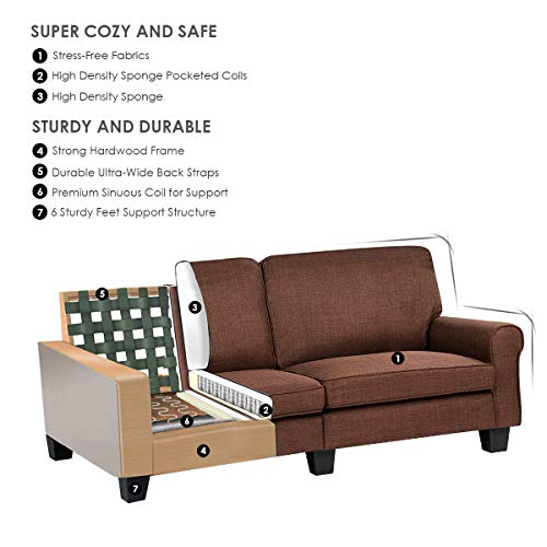 Giantex Sofa Couch Loveseat Fabric Upholstered Removable Back Seat Cushion Modern Home Living Room Furniture Set Bedroom Sofa (Brown)