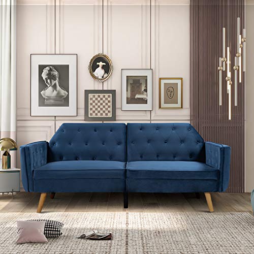 Merax Sofa Bed, Velvet Upholstered Modern Convertible Folding Futon Lounge Couch for Living Space, Apartment, and Dorm, Blue