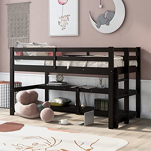 Twin Size Loft Bed with Shelves, Wood Loft Bed Low Loft Bed Frame with Guard Rail and Ladder for Kids, Teens, Boys, Girls (Espresso)