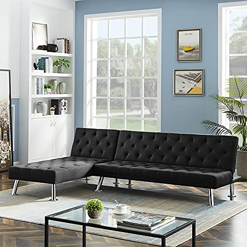 GAOPAN L-Shaped Recliner Sectional Chaise Lounge & Metal Legs, 4 Seater Reversible Sofa-Bed Sleepers Couches for Living Room Furniture Set & Small Space, Black-1