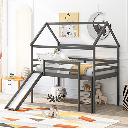 Twin Size Loft Bed with Slide, Wooden House Bed, Kids Loft Bed Frame with Roof and Guardrail for Child, Teens, Girls, Boys (Gray)