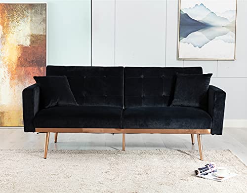 Modern Velvet Futon Sofa Bed, Convertible Sleeper Sofa with Pillows, Small Couch for Living Room, Black