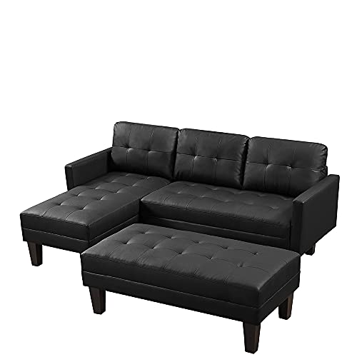 Sectional Sofa, Faux Leather Sectional Sofa Bed, L-Shape Sofa Chaise Lounge with Ottoman Bench Tufted Faux Leather 3-Seat L-Shape Sectional Sofa Couch Set w/Chaise Lounge, Black