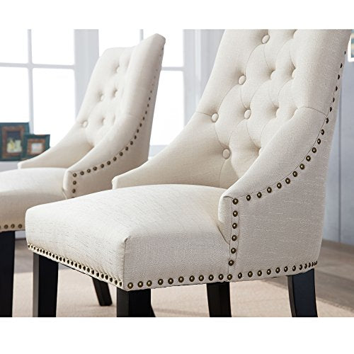DAGONHIL Fabric Dining/Accent Chairs (Set of 2) with Black Solid Wooden Legs,Nailed Trim (Beige)