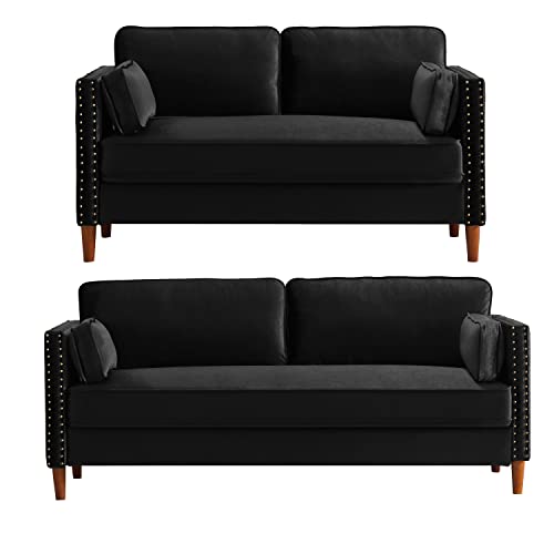 Sectional Sofa Set of 2 Comfortable Soft Loveseat Couches for Living Room Office Bedroom Mid Century Modern 2 Piece Home Furniture for Apartment Small Spaces (Black, Loveseat+Sofa)