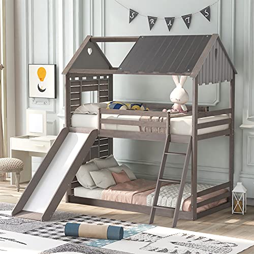 Twin Bunk Beds with Slide, Wood House Beds with Roof and Guardrail for Kids, Toddlers, Teens, Boys & Girls, No Box Spring Needed (Gray with Slide)