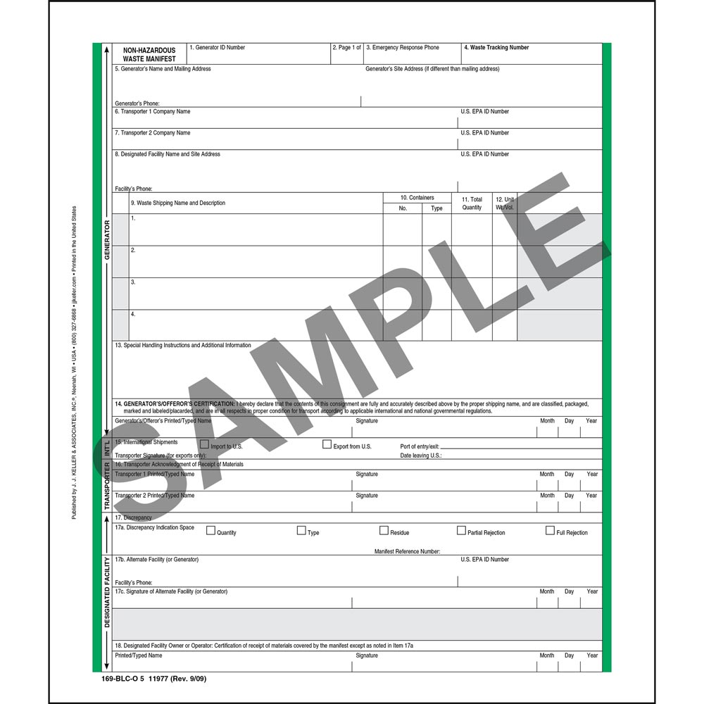 JJ Keller Non-Hazardous Waste Manifest - Pin-Feed Format, 5-Ply (Pack of 500)