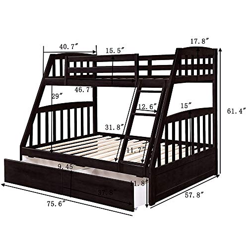 Solid Wood Twin Over Full Bunk Beds with Storage Drawers, Bunk Beds for Kids with Ladder and Guard Rail,Espresso