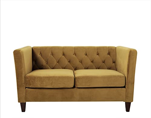 US Pride Furniture High Density Foam 56.7'' Wide Medallion Yellow Velvet Button-Tufted 2 Seater Living Room Loveseat with Removable Cushion & Solid Wood Legs (S5708-5714) Love Seats