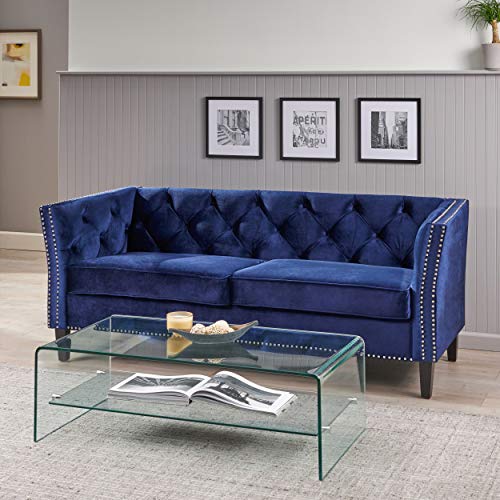 Christopher Knight Home Sunny Velvet 3 Seater Sofa, Midnight Blue, Dark Brown