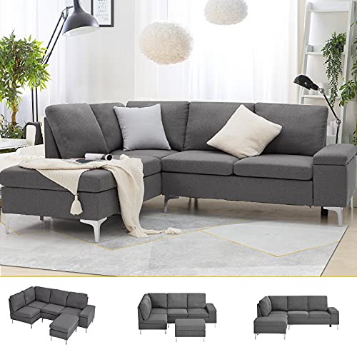 Esright Left Facing Sectional Sofa with Ottoman,Convertible Corner Couches with Armrest Storage, Sectional Couch for Living Room & Apartment, Left Chaise & Grey