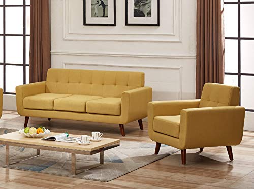 US Pride Furniture AS5172-S+C Charles Mid-Century Modern 100% Linen Fabric Sofa and Chair 2 Pic Set, Clean-Lined Design for Apartment and House, Naples Yellow