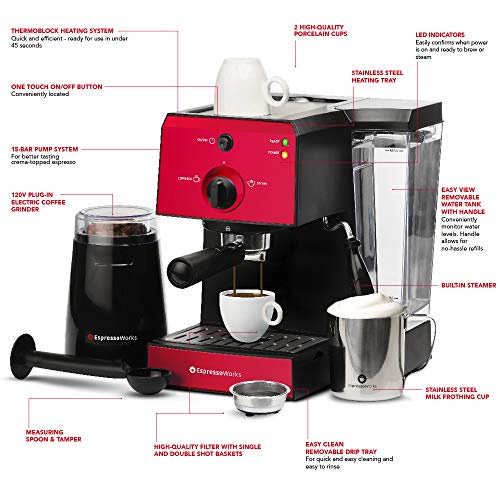 Espresso Machine & Cappuccino Maker with Milk Steamer- 15 Bar Pump, 7 Pc All-In-One Barista Bundle Set w/ Built-in Frother (Inc: Coffee Bean Grinder, Milk Frothing Cup, Tamper & 2 Cups), 1350W (Red)