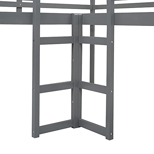 L-Shaped Loft Bed with Slide, Wooden Loft Beds for 2 Kids , Twin Size Loft Bed with Built-in Ladders, Gray