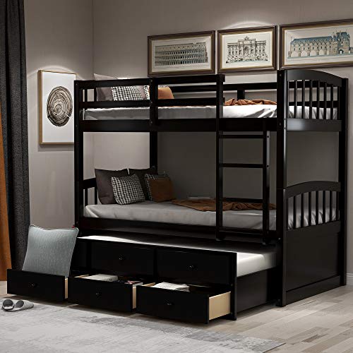 Harper&Bright Designs Twin-Over-Twin Bunk Bed with Safety Rail, Ladder, Twin Trundle Bed Frame with 3 Drawers for Kids, Teens Bedroom, Guest Room Furniture, Dark Espresso