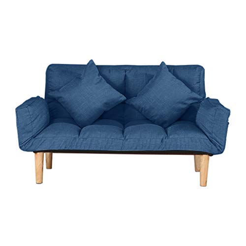Lazy Folding Sofa,Modern Fabric Love Seats Sofa,loveseat,Modern Futon Bed, Sleeper Sofa Solid Wood Frame Legs for Small Apartment and Living Room (Blue, US Stock)