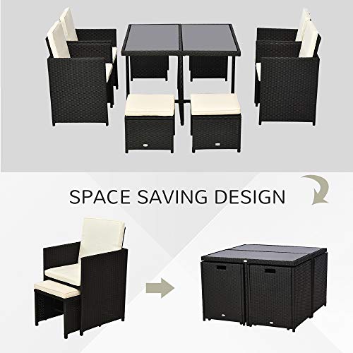 Outsunny 9 PCS Patio Dining Set Rattan Wicker Furniture Set w/Space Saving Chairs, Glass Top Table with Soft Cushion, Black