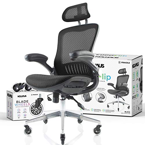 NOUHAUS ErgoFlip Mesh Computer Chair - Black Rolling Desk Chair with Retractable Armrest and Blade Wheels Ergonomic Office Chair, Gaming Chairs, Executive Swivel Chair/High Spec Base