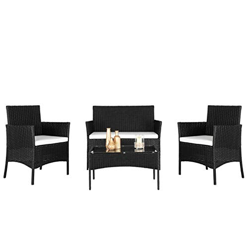 Keseno Rattan Sofa Set，2pcs Arm Chairs 1pc Love Seat & Tempered Glass Coffee Table ， for Living Room, Modern Contemporary Home Studio Furniture,Black