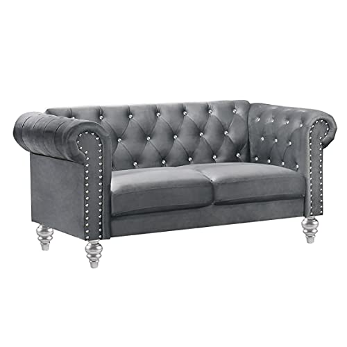 New Classic Furniture Glam Emma Velvet Two Seater Chesterfield Style Loveseat for Small Spaces with Crystal Button Tufts, (2021), Gray