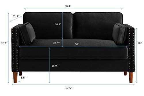 Modern Black Velvet Twin Office Loveseat Chair Soft Rivet Couch Modular Small Sofa for Apartment Bedroom Living Room Mid Century Retro Sectional Dorm Fluffy Futon (Black)