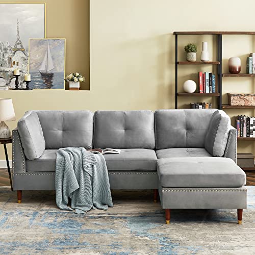 Tmosi Sectional Sofa Couch with Ottoman, L Shaped Couch with Nail Head for Apartment and Living Room, Modular Convertible Sectional Sleeper Sofa for Small Space (Grey)