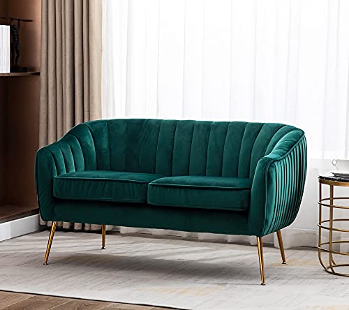 Artechworks Curved Tufted Velvet Modern Tub Barrel Loveseat Sofa Chair Upholstered Couch with Golden Metal Legs Club Two-Seat Sofa for Living Reading Room Bedroom Apartment Small Space Dorm, Green