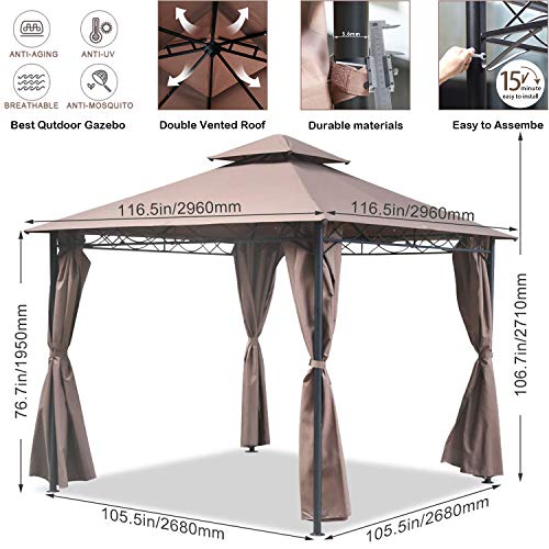 10' X 10' Gazebo Canopy Tent with Sidewall Party Tent, for BBQ Outdoor Patio Grill Gazebo, Wedding Party Patios Large Garden Commercial Use Backyard Events Etc, Easy to Assemble, Elegant Design, Brown