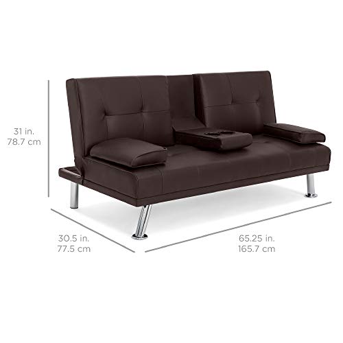 Best Choice Products Faux Leather Upholstered Modern Convertible Folding Futon Sofa Bed for Compact Living Space, Apartment, Dorm, Bonus Room w/Removable Armrests, Metal Legs, 2 Cupholders - Brown