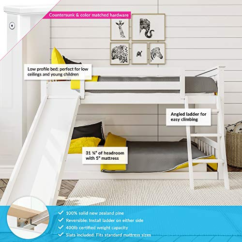 Max & Lily Solid Wood Twin Low Bunk Bed with Slide, White