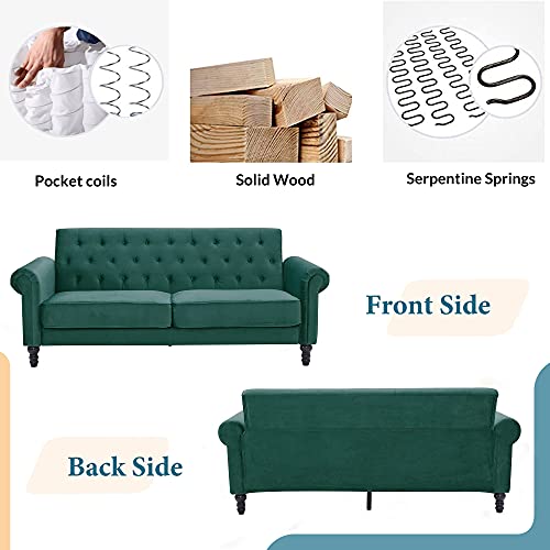 Green Velvet Couch, Loveseat Sofa, Mid Century Modern Sofa Tufted Velvet Sofa Couch, Sofas Couches for Living Room, Apartment, Bedroom, Solid Wood Frame Legs,Easy Assembly
