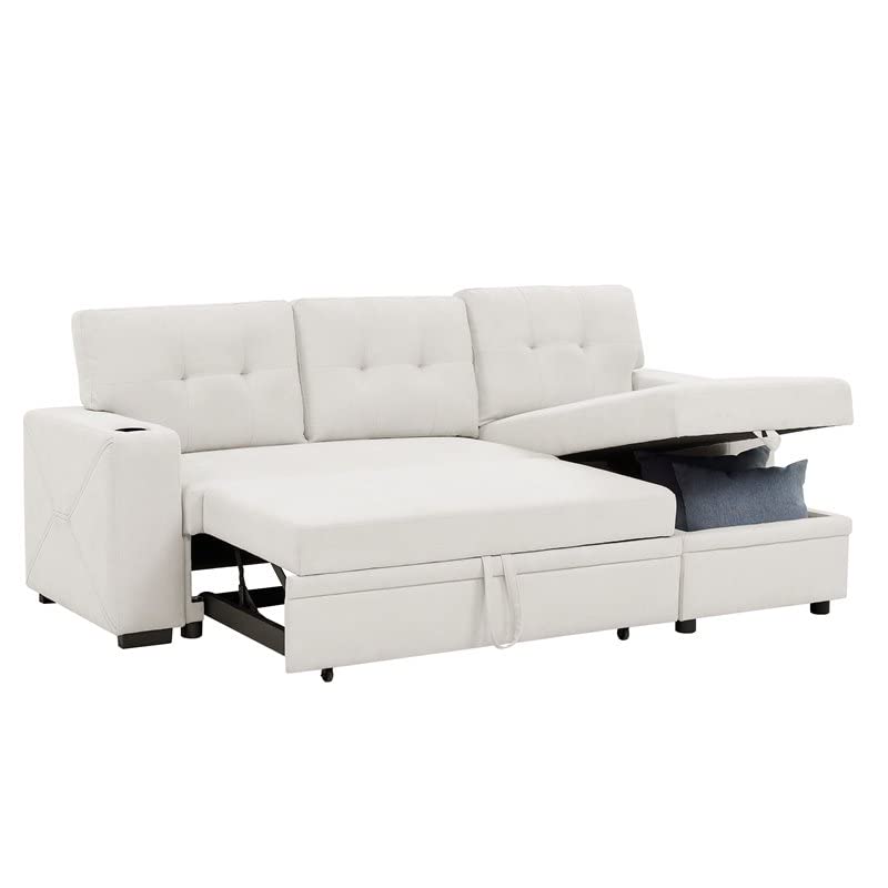 Partner Furniture Upholstery Polyester Blend Fabric Convertible Sectional Sleeper Sofa with Cup Holders in Ivory