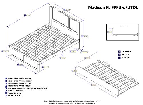 Atlantic Furniture Madison Platform Bed with Flat Panel Footboard and Twin Size Urban Trundle, Full, White