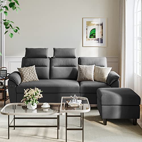 LINSY HOME Convertible Sectional Couch, 3 Seat L Shaped Sofa with 2 USB Ports and Storage Bags, Small Sectional Sofa Set for Living Room, Apartment, Dark Gray