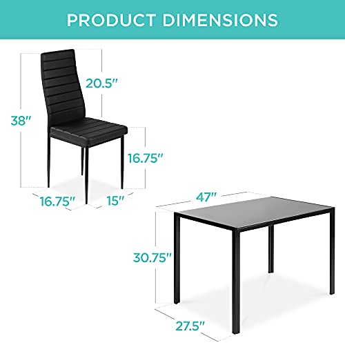 Best Choice Products 5-Piece Kitchen Dining Table Set for Dining Room, Kitchen, Dinette, Compact Space w/Glass Tabletop, 4 Faux Leather Metal Frame Chairs - Black