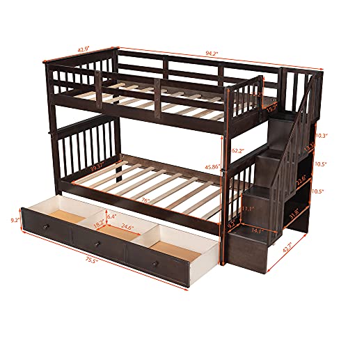 Twin-Over-Twin Bunk Bed with 4 Storage Stairway , 3 Drawers and Guard Rail, Twin-Over-Twin Bunk Bed for Bedroom, Dorm, for Family, Kids, Teens, No Box Spring Needed