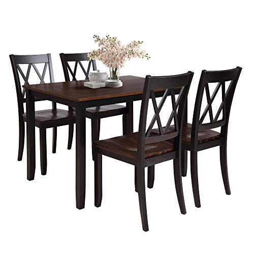 Dining Table Set, 5 Piece Kitchen Dining Table Set, Wooden Dining Table and Chair Set, Kitchen Dining Room Furniture (Black+Cherry)