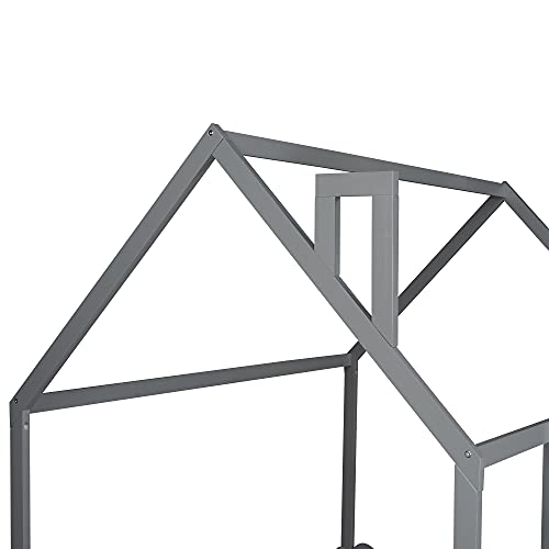 House Bed Full Kids Bed Frame with Roof and Fence, Box Spring Needed, for Toddlers, Kids, Teens, Girls, Boys (Gray )