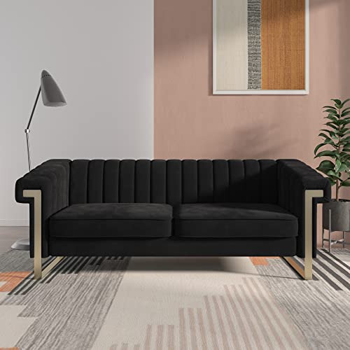 Magic Home 83.85 Inch Velvet Sofa Couch,Mid-Century Loveseat Sofa, Upholstered Living Room Sofa with Removable Cushion for Living Room Bedroom Apartment (Black)
