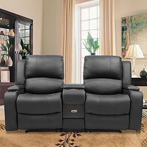 B BAIJIAWEI Modern Double Loveseat Recliner PU Reclining Loveseat Couch Sofa with Drawer and Cup Holder Manual Home Theater Seating for Living Room, Office