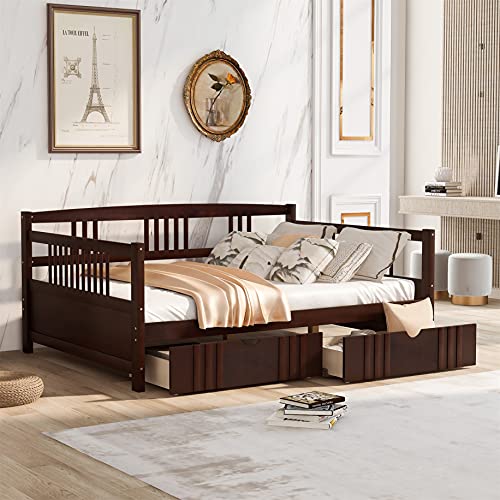 Full Size Daybed Frame with 2 Drawers, Wooden Sofa Bed for Bedroom Living Room, Wood Low Platform Bed with Storage Drawers, Bedroom Furniture for Kids Teens Guests (Full Espresso)
