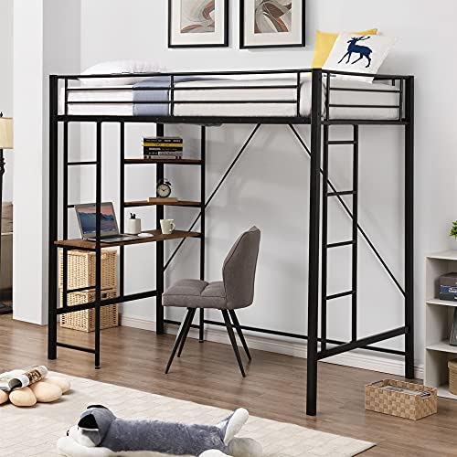 Harper & Bright Designs Metal Twin Loft Bed with Desk, Space-Saving High Loft Bed with Build-in 2 Ladders and Shelves for Teens , Heavy Duty Metal Loft Bed ,No Box Spring Needed (Black)
